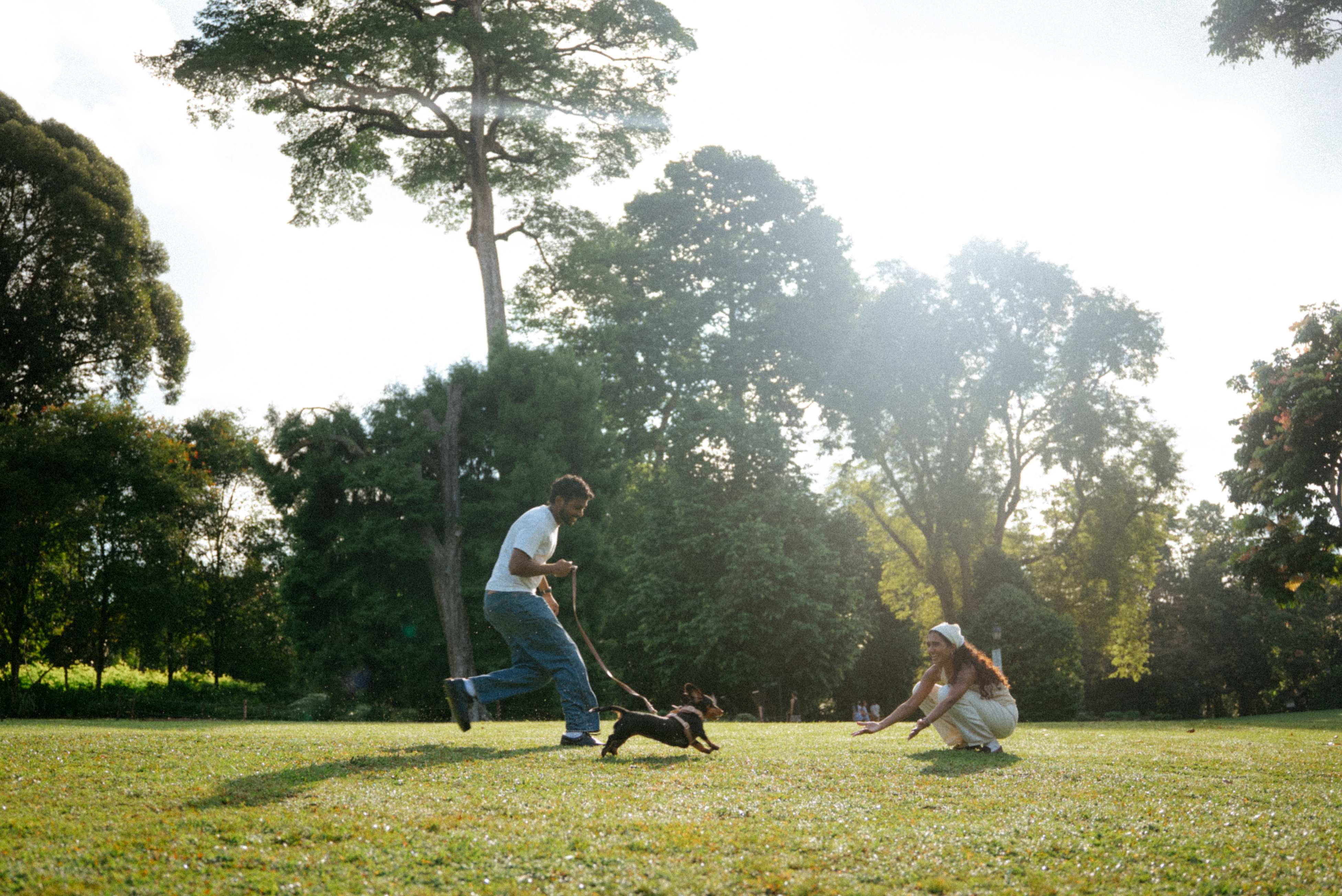 Janani and Dhanush playing with their dog in a sunlit garden